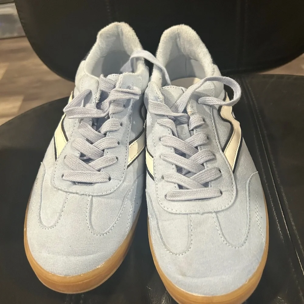 Madden Girl Light Blue Suede Sneakers with Cream Stripe and Gum Sole - Picture 2 of 12